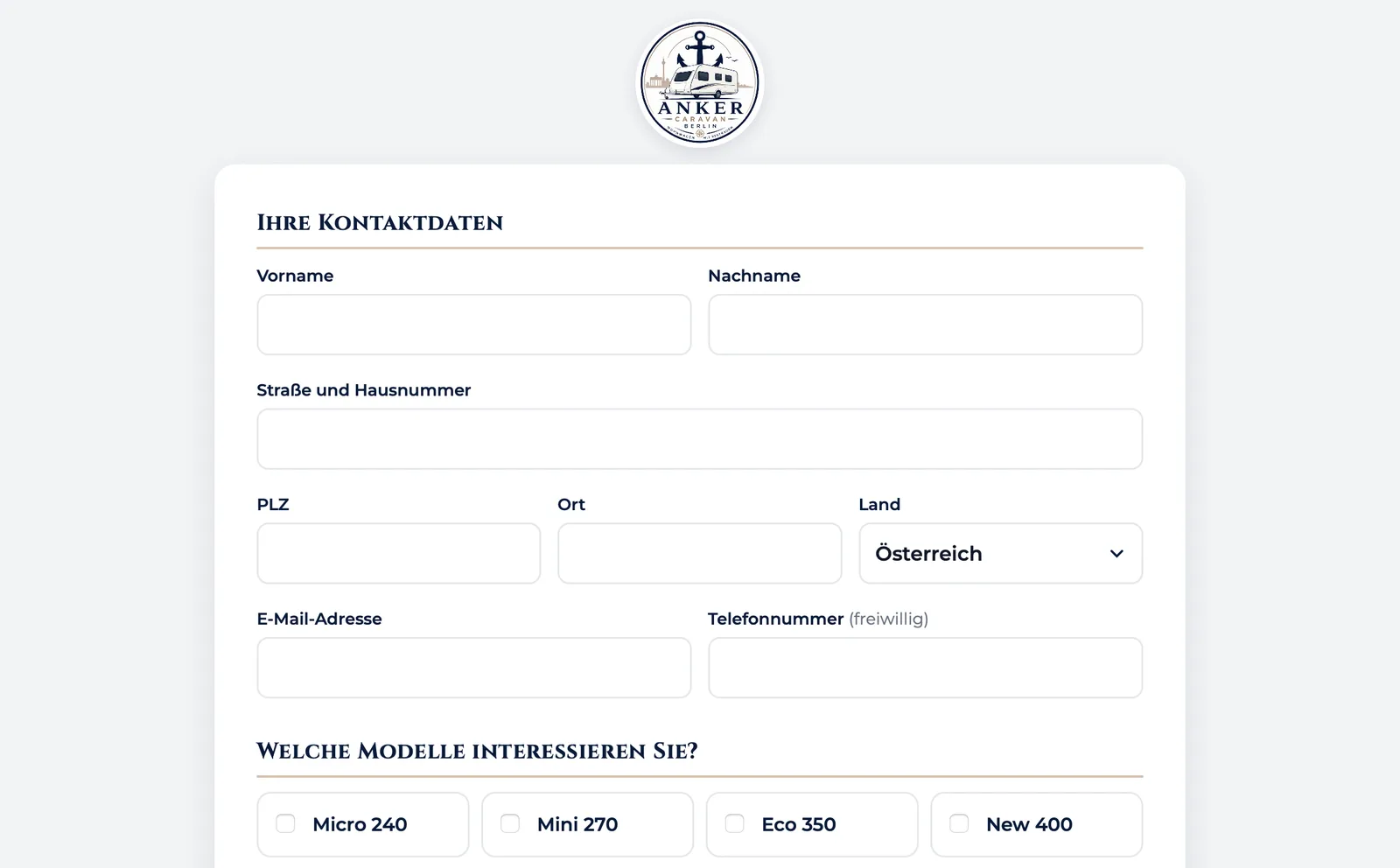 Das Formular von ANKER Caravan im Messe-Modus auf dem iPad